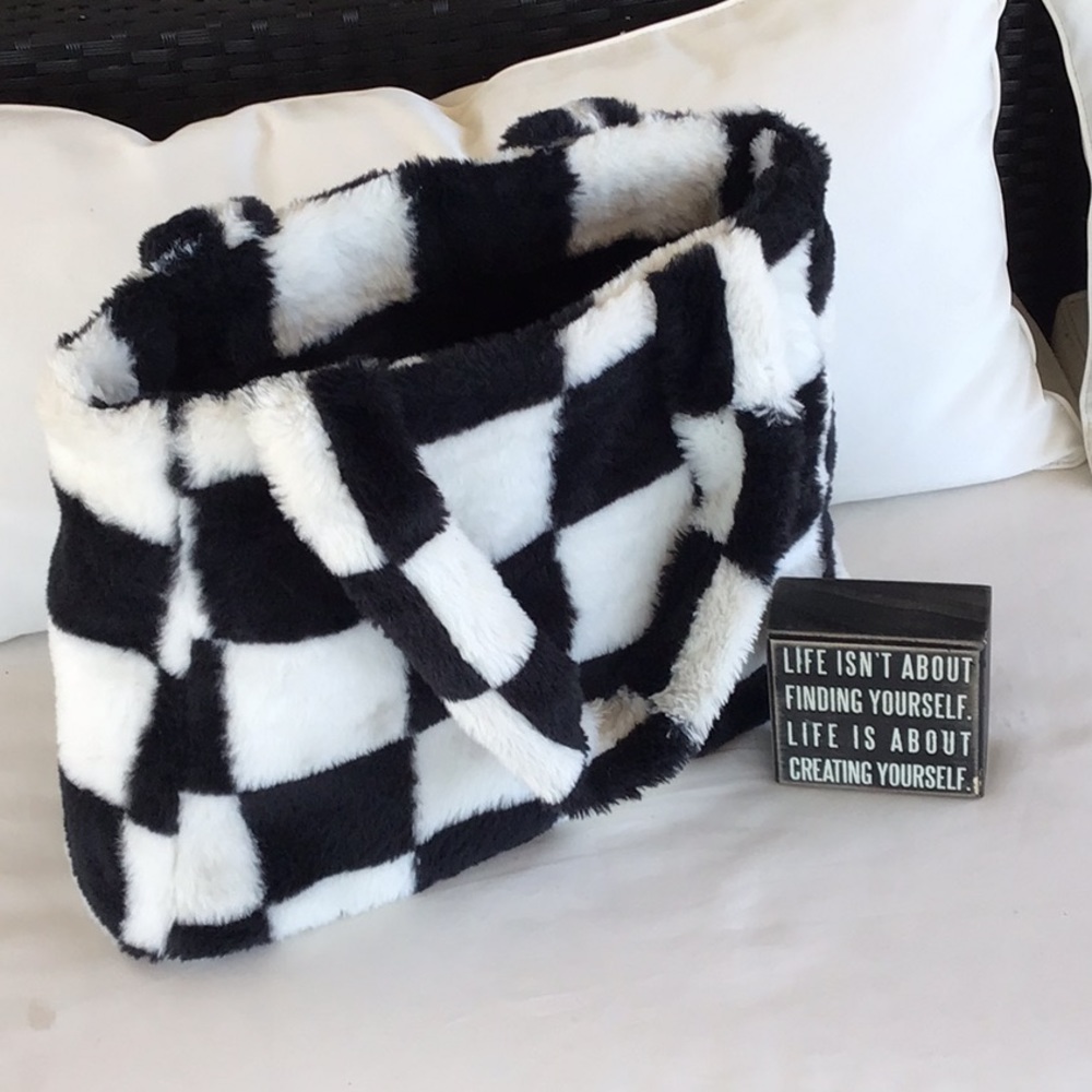Black/White Checkered Faux Fur Tote